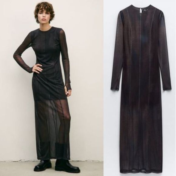 ZARA Blended Fabrics Long Sleeves printed tulle Sheer Dresses - Picture 3 of 14
